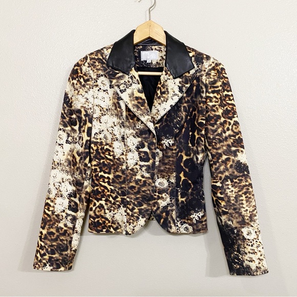 Vintage Alberto Makali Leopard And Lace Wild Floral Leather Trim Jacket Blazer - Picture 1 of 10